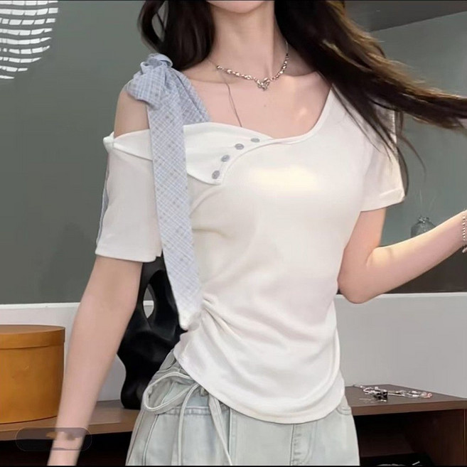 AURALA 여성 여름 예쁜 슬림핏 오프숄더 반팔 티셔츠 여자 캐주얼 리본 반팔티 데이트룩