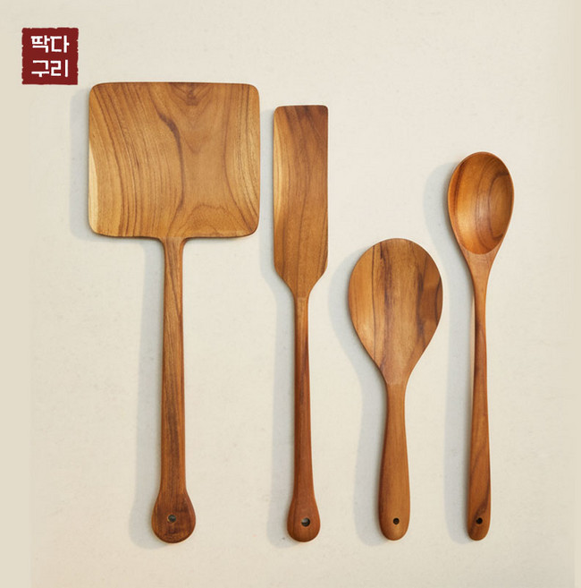 딱다구리 티크나무 조리도구 4종세트, 1세트, 우드, C- 주걱+볶음스푼+사각뒤집개(소)+사각뒤집개(대)