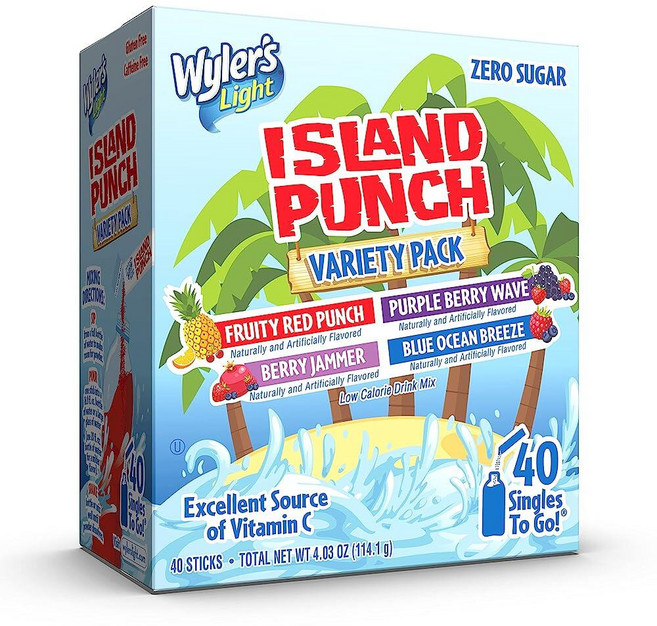 Wyler's Light Island Punch Singles to Go 버라이어티 팩 프루티 레드 펀치 퍼플 베리 웨이브 베리 재머 및 블루 오션 브리즈 1박스 (1, Variety Pack_4.03 Ounce (Pack, 1개, 114.1g