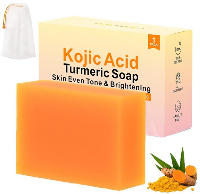 HOYEHOLA Kojic Acid 강황 비누 바 - 얼굴 바디용 다크 스팟 리무버 균일한 피부 톤 보습 및 영양 천연 성분 133401, 1Pack, 1개