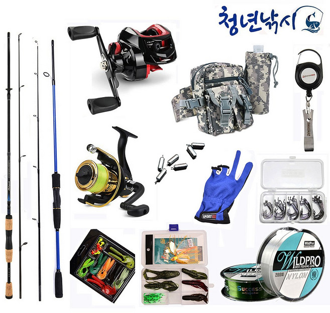 1+1민물 루어 낚싯대 낚시대 풀 세트 송어 베스 쏘가리 가물치 꺽지 초보자용 입문용 2인, 고급스피닝릴루어(M)세트+프로세트