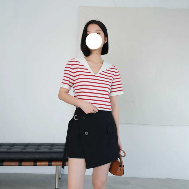 언니네산지직송 1회 염정아 레드마린카라스트라이프반팔티셔츠 러블리캐주얼