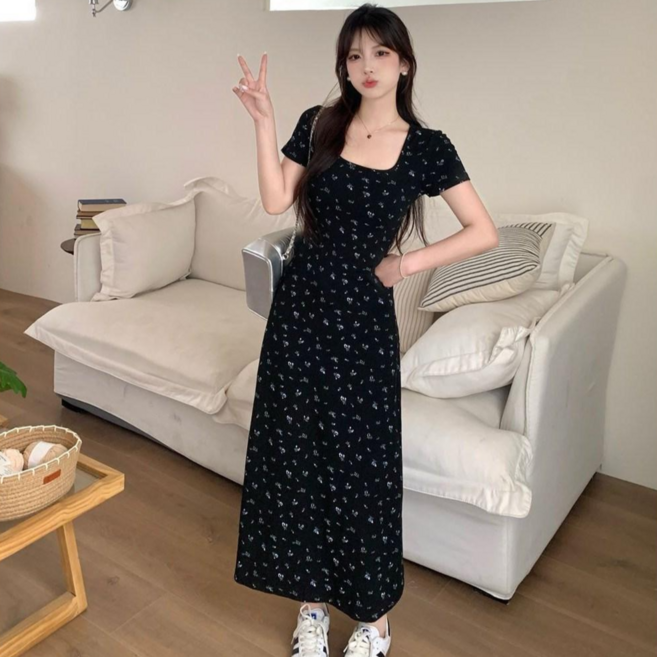 러브베리 여성 잔꽃무늬 스퀘어넥 슬림핏 반팔 롱 원피스 JL0340A