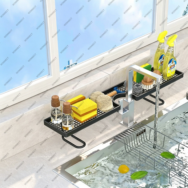 주방 수도꼭지 선반 설거지 채소 세척 싱크대 거치대 물빠짐 바구니 스펀지 브러쉬 행주 수납대, 1개, 블랙