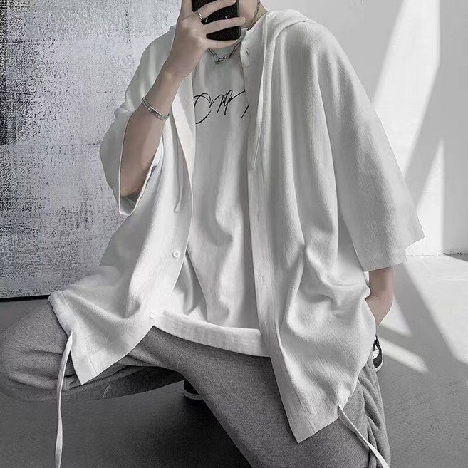 남녀 공용 루즈한 레트로 후드 셔츠 여름 씬티셔츠