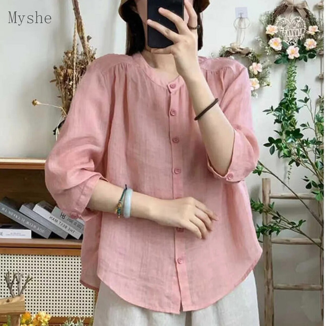 Myshe 여성 면마 반팔 블라우스 봄가을 5부소매 셔츠 캐주얼 D05 KOBO5Y