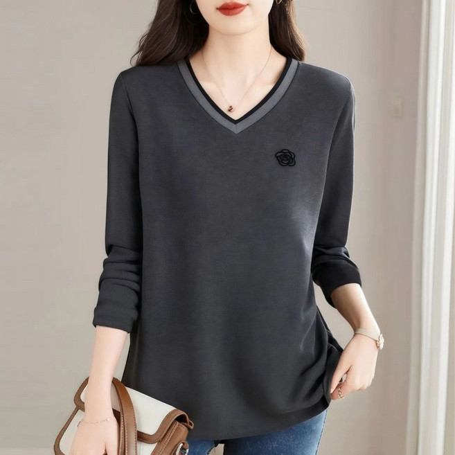 봄 가을 중년여성 순면 긴팔 티셔츠 빅사이즈 브이넥 긴팔티 이너티