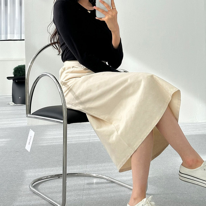 끌로이 A라인 롱 면 스커트 포켓 지퍼 뒷밴딩 편안한 봄 여름 가을 치마