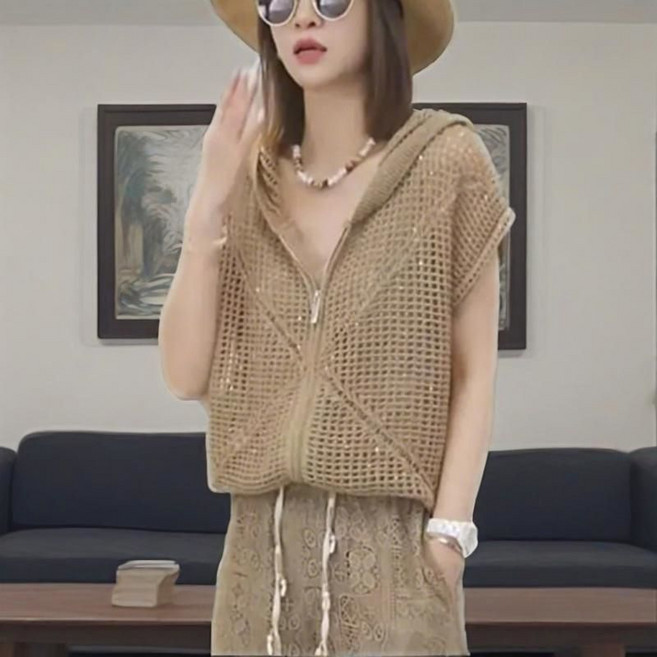 중년 여성 후드 자켓 봄여름 빈티지 슬림핏 자외선 차단 상의 루즈핏 코디 여자 반팔 코트 LJX