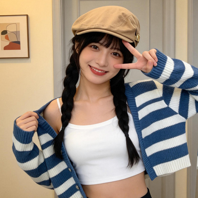 Karsaer 일본식 반모자 남녀 공용 사이즈 조절 가능 봄가을 자수 레터링 스냅백 문예 빈티지 베레모 빵모자 G0275