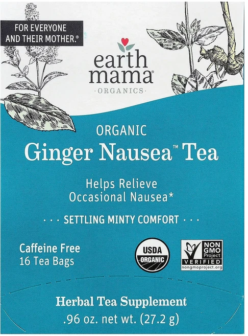 Earth Mama Organics 유기농 Ginger Nausea 차 세틀링 민티의 편안함 카페인 무함유 티백 16개 27.2g(0.96온스) - 쿠팡