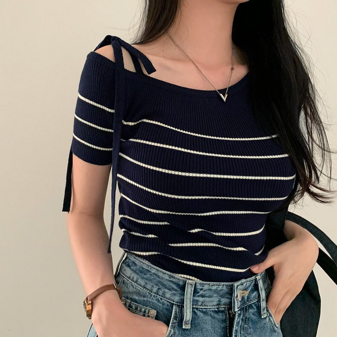 여성 골지 오프숄더 니트 반팔 티