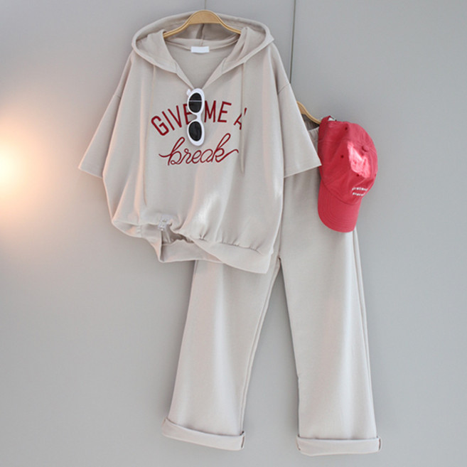 달콩 기브후드맨투와이드팬츠세트 여성 빅사이즈 상하의세트 허리밴딩 긴바지 반팔 운동복 여름츄리닝세트