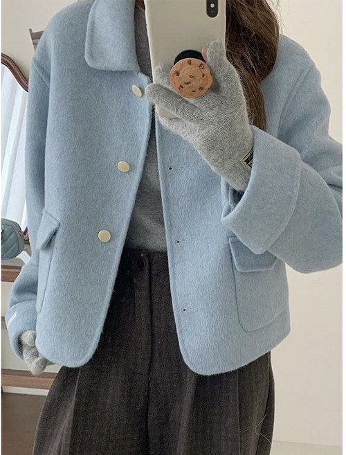 고급 러블리 파스텔 카라넥 기본 베이직 포켓 핸드메이드 울 코트 자켓