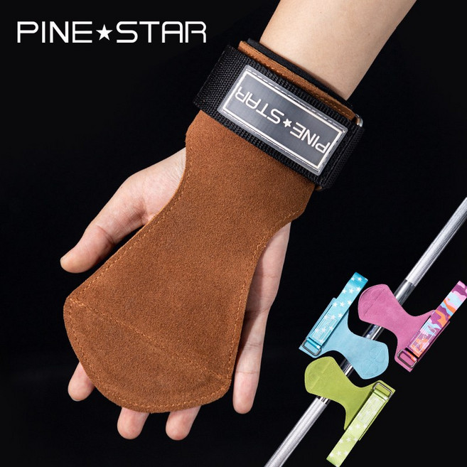 GINGPAI 핀스타 (PINE STAR) 소가죽 헬스 스트랩 손목 보호 그립 양손 세트 가죽 프로 파워 미끄럼 굳은살 방지 리프팅 손목보호대 TXNPHZ, 브라운, 1세트
