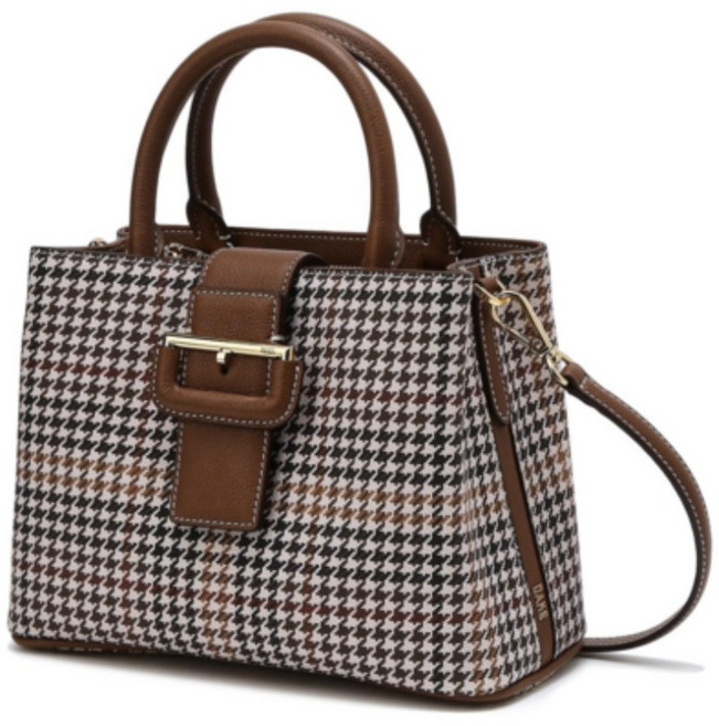 닥스 여성 브라운 천연 소가죽 배색 하운드투스 체크 크로스백 겸 토트백 DCBA1F615W2