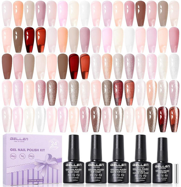 GELLEN 젤 네일 폴리쉬 세트 누드 20가지 색상 HEMA TMPTA TPO 3프리 UV 소크 오프 젤 글로시 매트 캣아이 탑 코트 및 베이스 코트 핑크 퍼플 뉴트럴, 20+4 set Elegant Jelly Glow Co