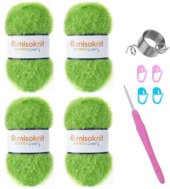미소털실 수세미실 4p + 크로셰바늘 랜덤발송 + 단수핀 랜덤발송 4p + 뜨개반지링 세트, 04 론그린(수세미실), 1개