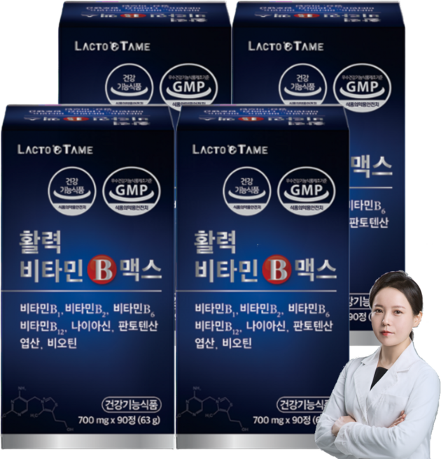 고함량비타민b 수용성 활력비타민b 맥스 8가지 B1 B2 B6 B12 나이아신 판토텐산 비오틴 엽산, 90정, 4개