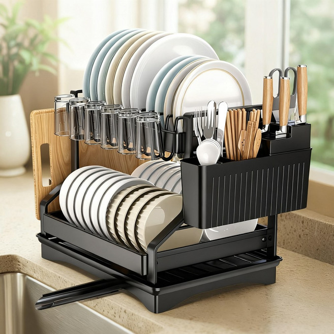Zaxnouvi 자동배수 탄소강 식기건조대 그릇 접시 도마 칼 수저 정리대 2단 (가정용 사이즈 41x30x33cm), 블랙, 1개