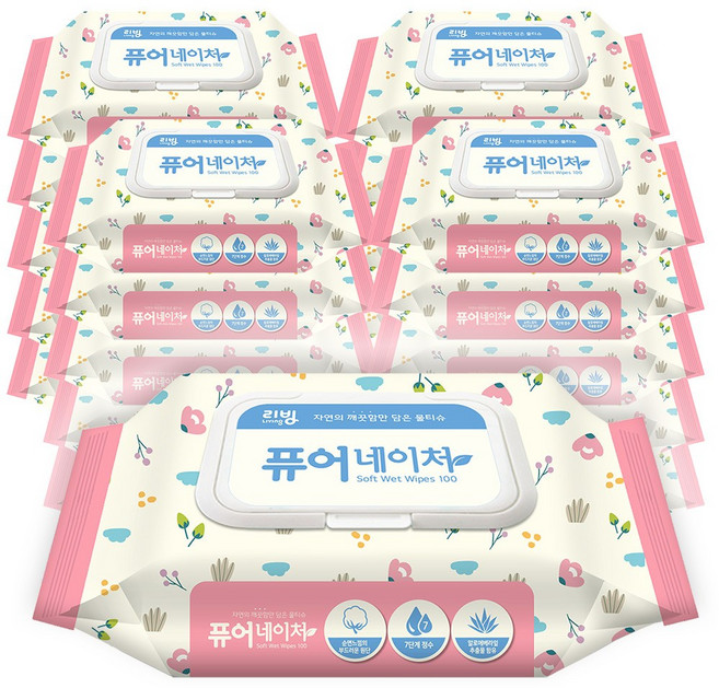 리빙티슈 퓨어네이쳐 물티슈 캡형, 100매, 24개