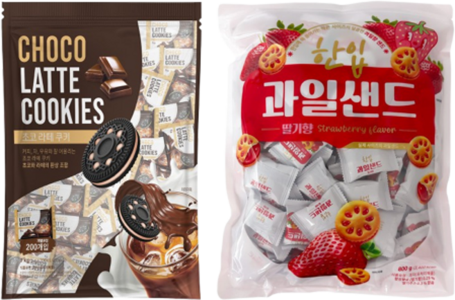 초코 라떼 쿠키 1kg + 한입 과일 샌드 딸기맛 800g (총 2입) 개별포장 소포장