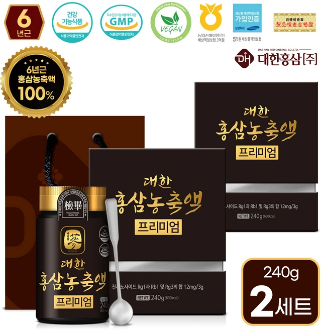 6년근 대한 홍삼 농축액 100% 프리미엄 (240g + 쇼핑백) 비건 인증 홍삼정 진액 명절 선물세트, 240g, 2세트 - 쿠팡