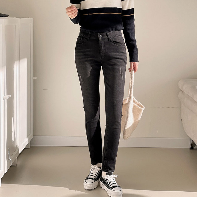 루나진 여성용 스판 슬림 일자핏 검정 청바지
