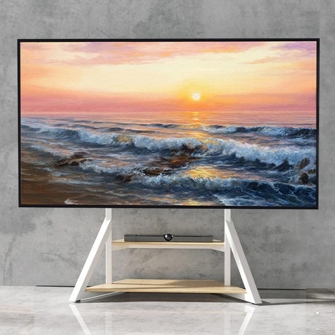 UNHO 특대형 TV스탠드 높이조절 65-100인치 거치대 철제+우드, 화이트+네추럴, 1개