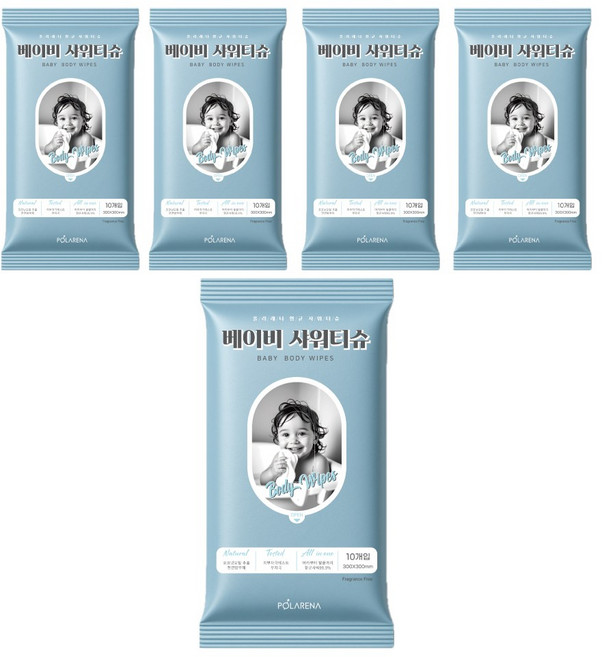 [폴라레나] 베이비 샤워티슈, 5개, 10매, 60g
