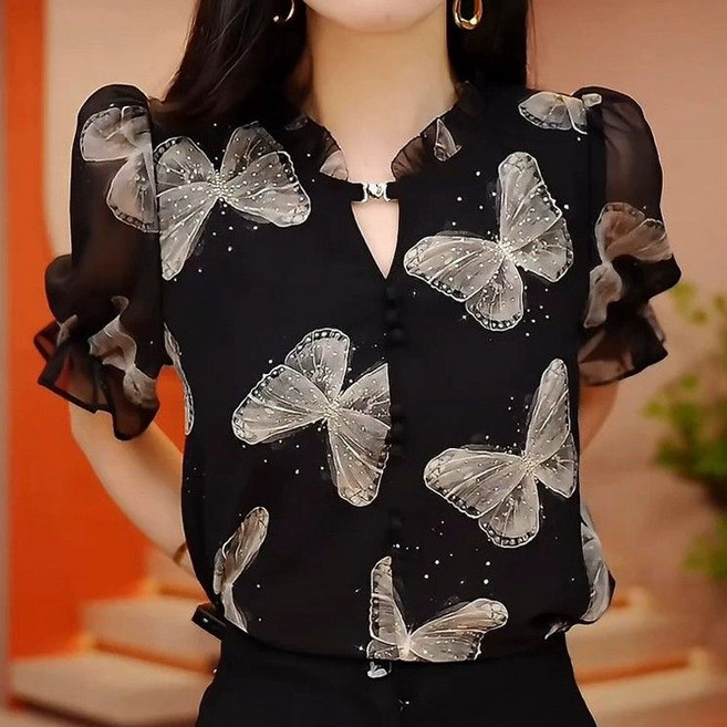 페이준 여성 봄 여름 나비 프린트 브이넥 반팔 쉬폰 블라우스 루즈핏 슬림핏 캐주얼 셔츠 YJ3569
