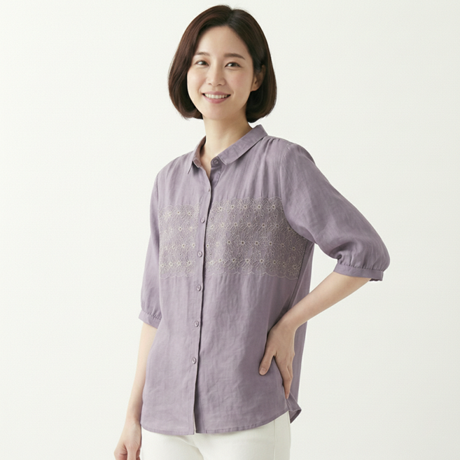 데일로엔 여성 카라 자수 레이스 블라우스 셔츠 플라워 펀칭 7부