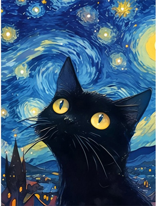 뉴타임즈 보석 자수 캔버스 액자 포함 40X50cm 수공예 애호가 고급스러운 선물 가정 장식품 DIY 다이아몬드 그림 반짝이는 예술품, 1개, 별하늘 스타일 검은 고양이 00502