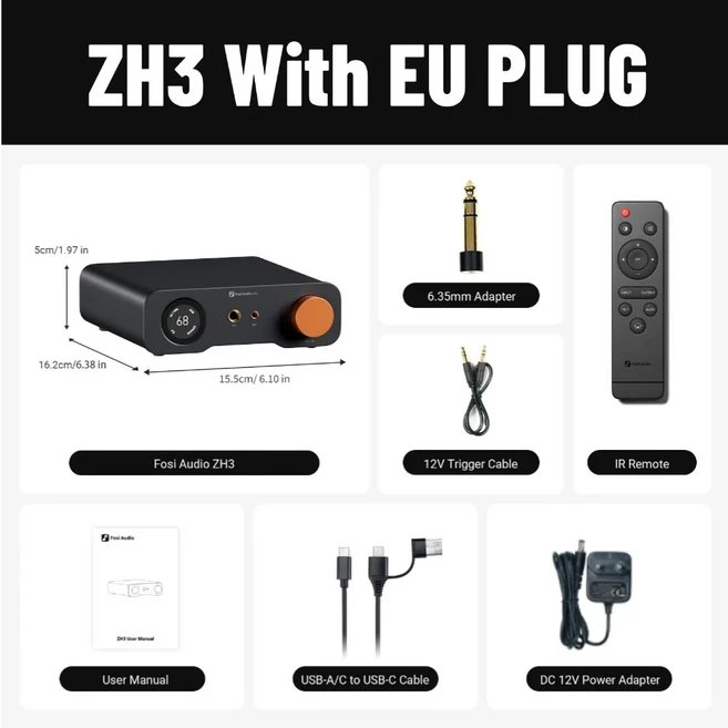 FOSI AUDIO zh3 데스크탑 DAC HIFI 헤드폰 앰프 리모컨 포함 12V 트리거 입력 AKM4493SEQ 완전 밸런스드 프, 02 EU Plug