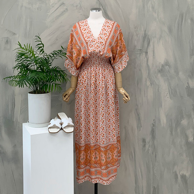 행복한여자아일랜드 잔꽃 플라워 에스닉 가오리 루즈핏 롱 원피스