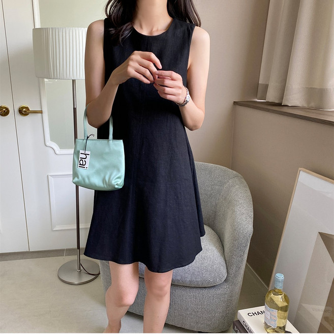영메이 YM23488 여성 여름 린넨 민소매 등뒤지퍼 A라인 미니 원피스
