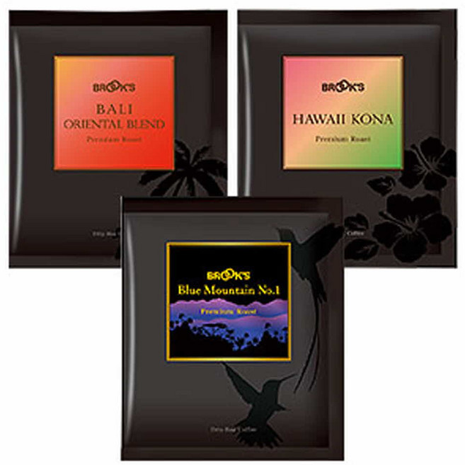 브룩스 드립백 커피의 최고봉 프리미엄로스트 3종세트 (블루마운틴 N0.1 하와이코나 100% 발리오리엔탈블렌드), 10개, 30봉, 10g