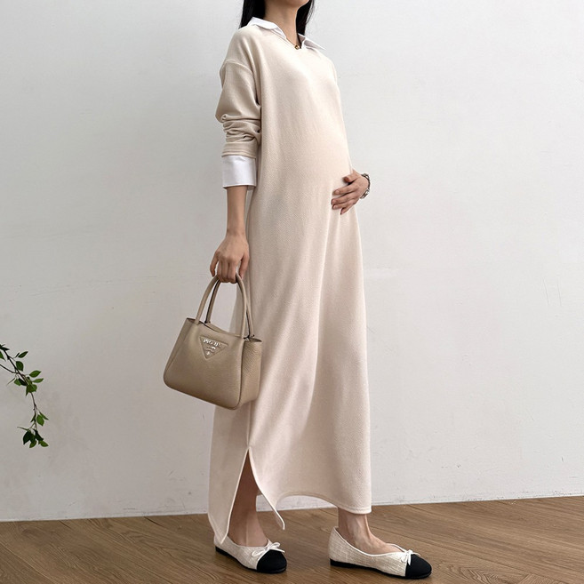 드몽 여성 빅사이즈 카라 롱 원피스 임산부 하객룩 모임룩 데일리 임부복