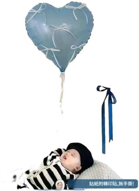 YZMY 嬰兒滿月30天氣球拍照背景道具, 我百天啦 藍色愛心 打氣筒 點膠 絲帶 美紋膠, 1套