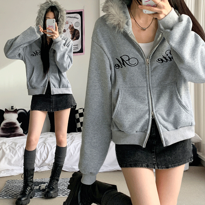 [유니크힙/3col] 허쉬 루즈핏 투웨이 레터링 퍼 기모 후드 집업