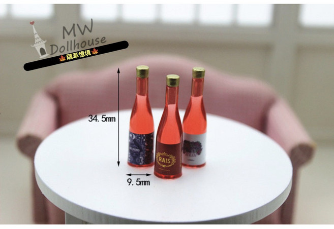 隨草憶境 迷你仿真酒瓶模型 紅酒瓶 洋酒 水果酒 D197 BJD袖珍食玩 微縮微景觀模型, 1個, 3入（紅色款，不同標纖）