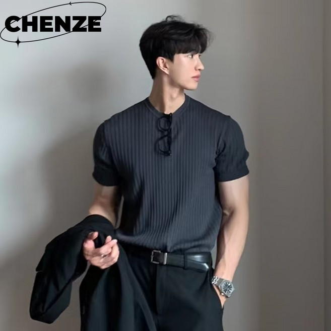 CHENZE 남자 머슬핏 반팔니트 여름 쿨링 니트티 남성 반팔 티셔츠 헨리넥 카라 니트 반팔티