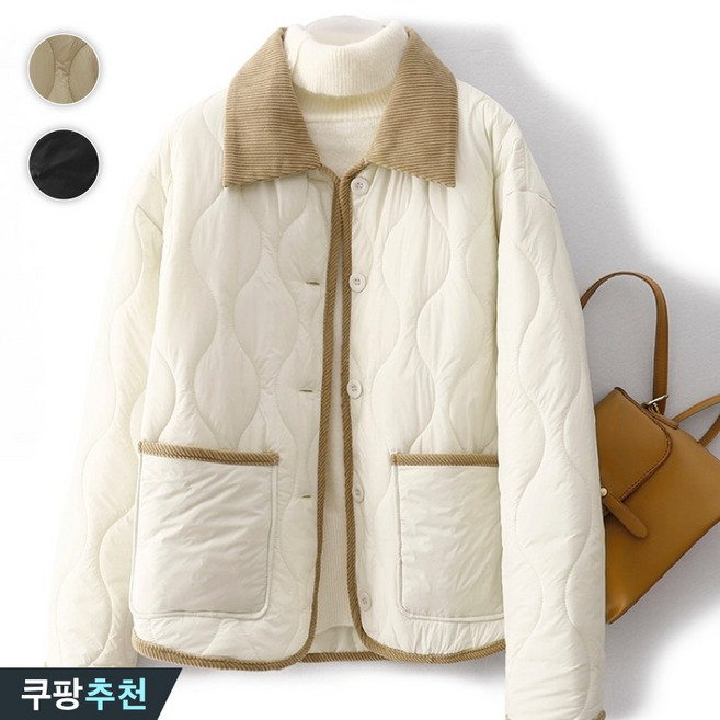 (완전 추천) 85kg까지 빅사이즈 여성 기모 골덴 폴로 아가일 패치워크 패딩 가을 겨울 편한 패션 데일리 부드러운 라이트 웰론 패딩 캐주얼 간절기 외출 버튼 아우터 솜패딩 패딩