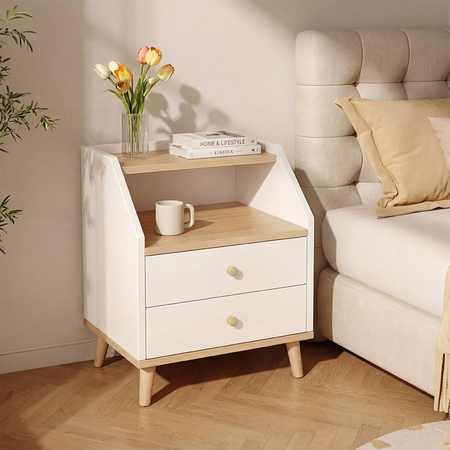 KOTTII 침대 협탁 서랍장 사이드 테이블 수납 선반, 원목색 A + 2서랍, 1개
