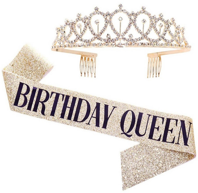 생일파티 용품 트윙클 왕관 티아라 글리터 어깨띠 생일 머리띠 파티용품세트 [에브리띵스마일] 1197, 1세트, 골드 퀸