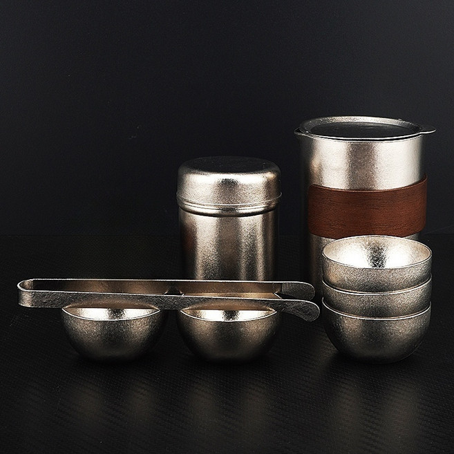 Snow rock 純鈦冰花鷹嘴加茶杯套裝 功夫茶杯, 1個, 泡茶器350ML+四個杯子+茶葉罐+茶勺, 冰花銀色, 泡茶器350ML+四個杯子+茶葉罐+茶勺