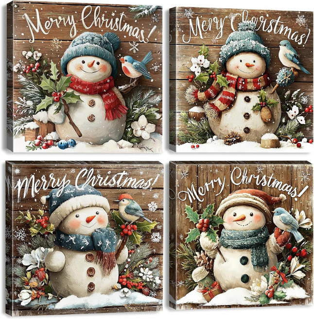 크리스마스 월 아트 귀여운 눈사람 벽 장식 빈티지 브라운 배경 메리 사진 침실 거실 겨울 홀리데이 포스터 새 아트워크 홈 12x12 4P, 12x12", Snowman