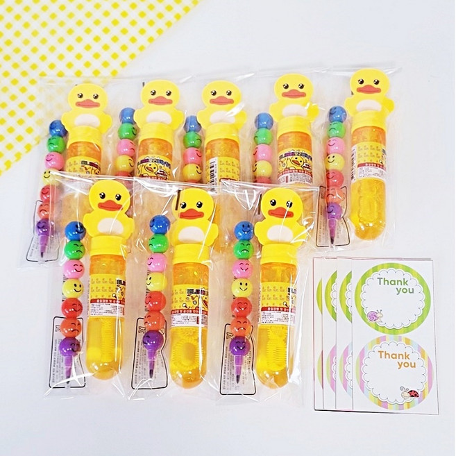 (꼬마나라) 오리비눗방울8p+7색꼬치색연필8p+ 스티커10p세트 생일 선물 답례품 구디백 버블 무지개색연필 레인보우색연필 층층이색연필, 8세트, 혼합색상