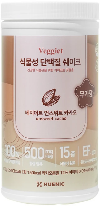휴닉 베지어트 식물성 단백질쉐이크 언스위트 카카오맛, 1개, 810g - 쿠팡