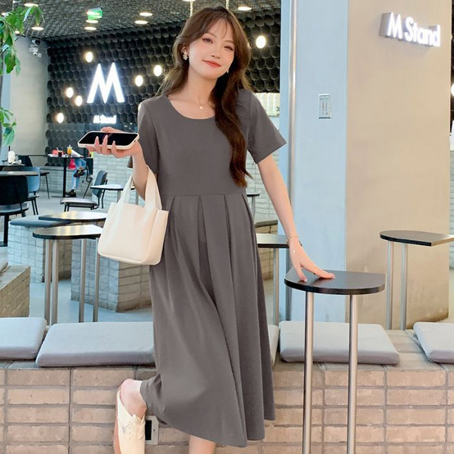 DIU 孕婦短袖連衣裙女夏季韓版寬鬆顯瘦氣質時尚簡約孕婦裝百褶中長裙